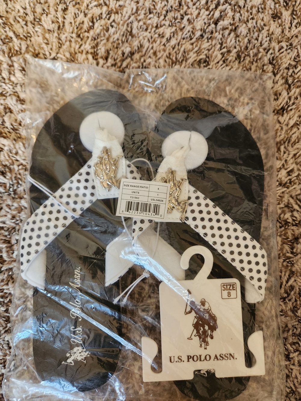 U.S. Polo Assn. Black and White Polka Dot Womens Flip Flops with Gold Logo Charm